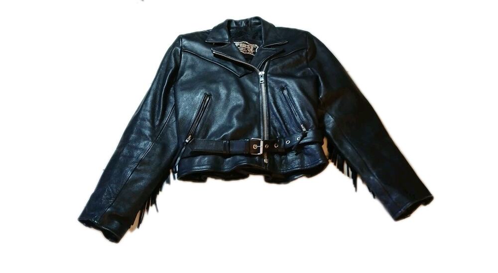 Vintage First Genuine Leather Motorcycle Jacket With Fringes And Zippers Belt
